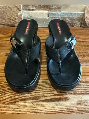 Prada Black platform Sandals/ Flip Flops Wedges with metal buckles and logos